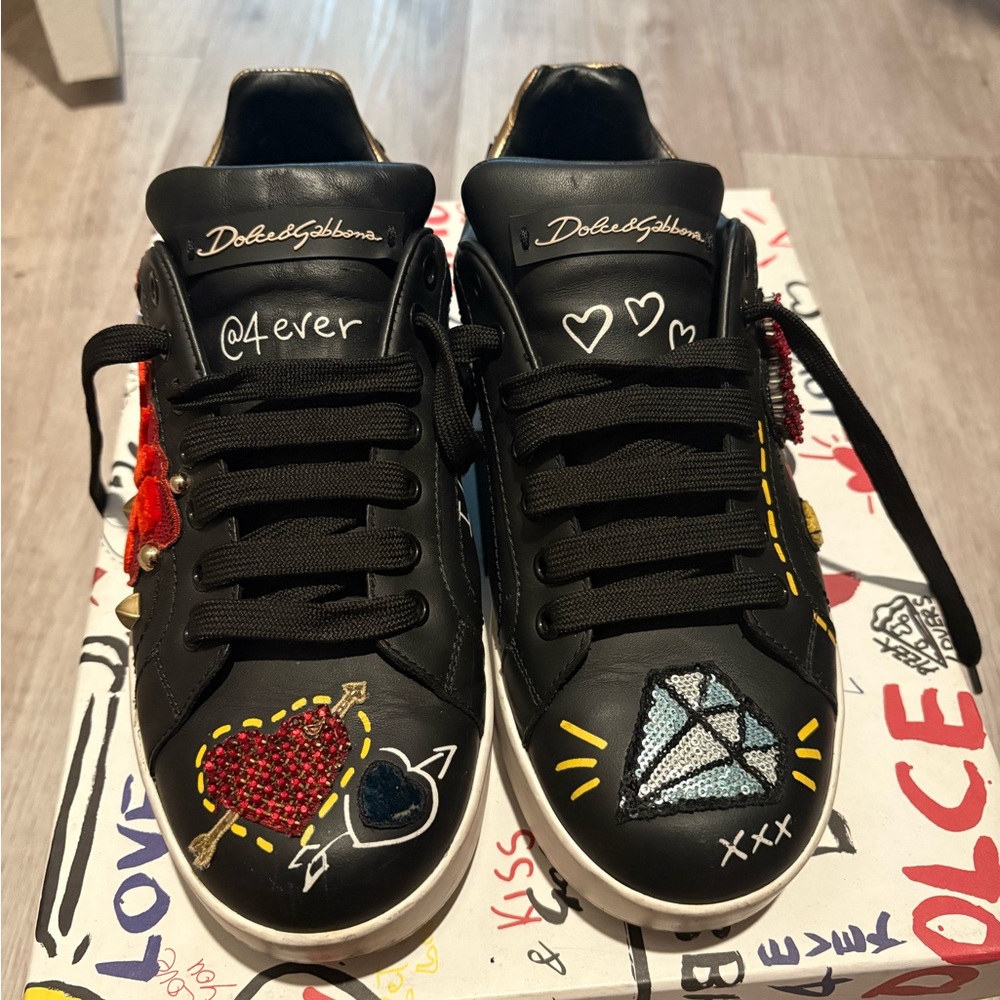 Dolce & Gabbana Black Sneakers with Vibrant Designs